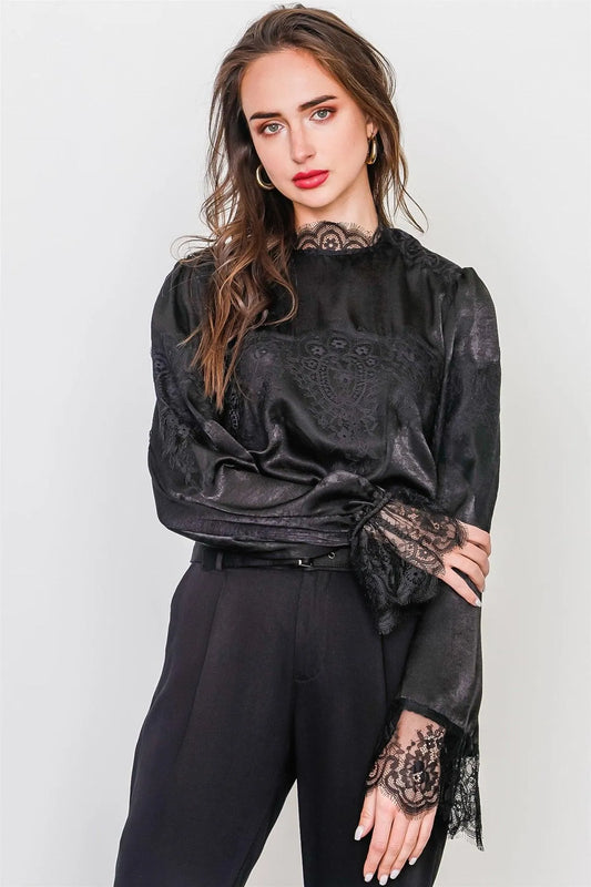 Black Floral Lace Inset High Neck Top /3-2-1 - Tasha Apparel Wholesale