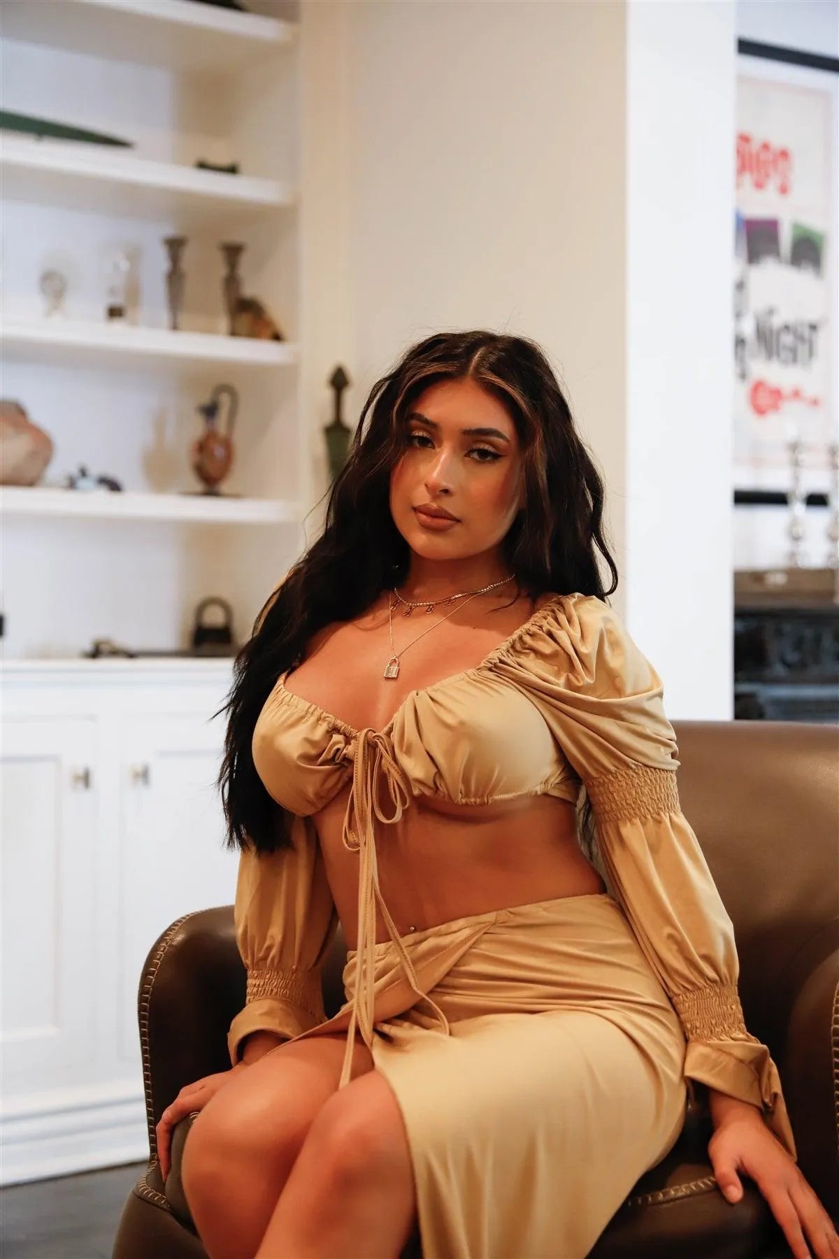 Beige Self-Tie Detail Juliette Sleeve Crop Top & Wrap Midi Skirt Set /2-2-2 - Tasha Apparel Wholesale