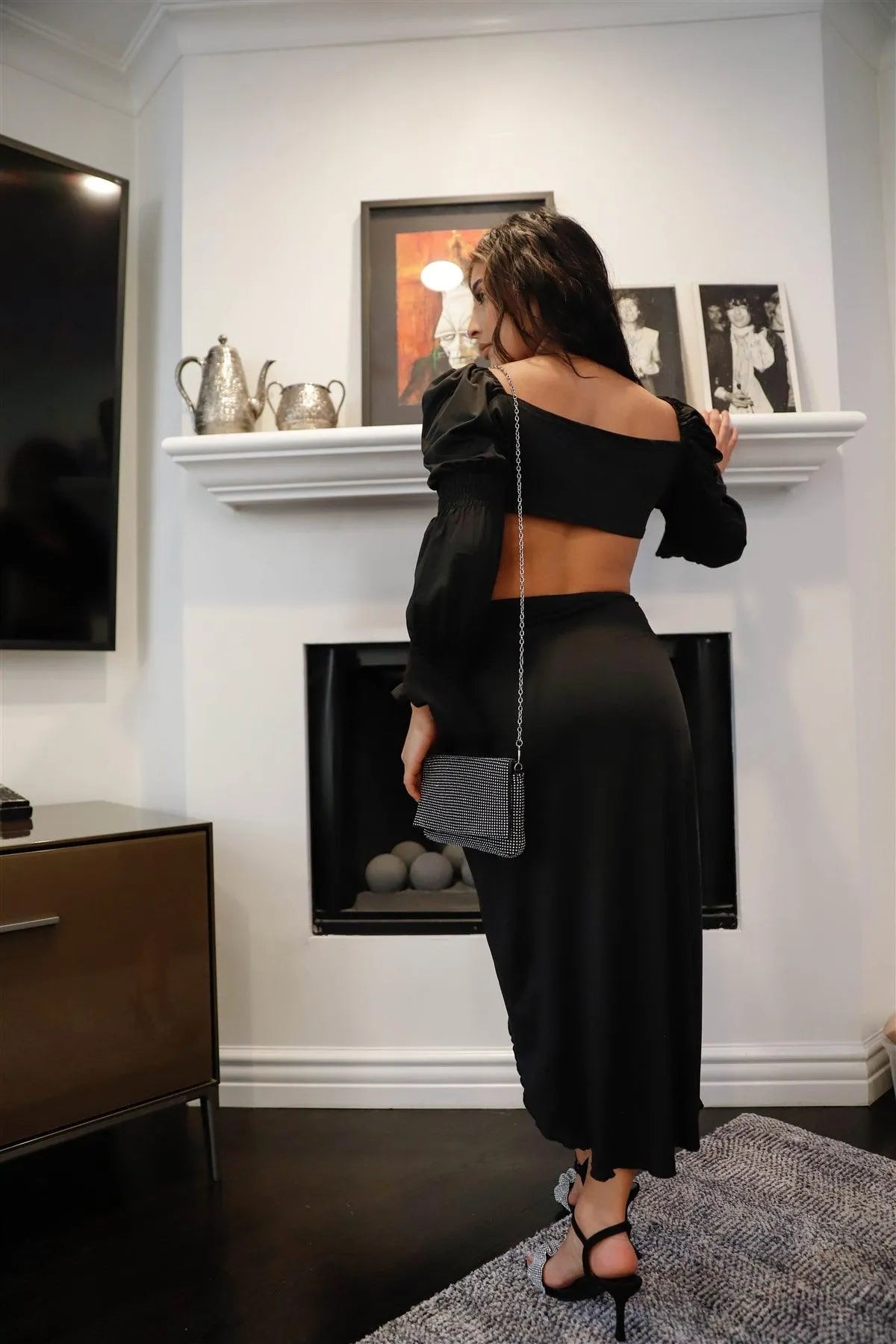 Black Self-Tie Detail Juliette Sleeve Crop Top & Wrap Midi Skirt Set /2-2-2 - Tasha Apparel Wholesale