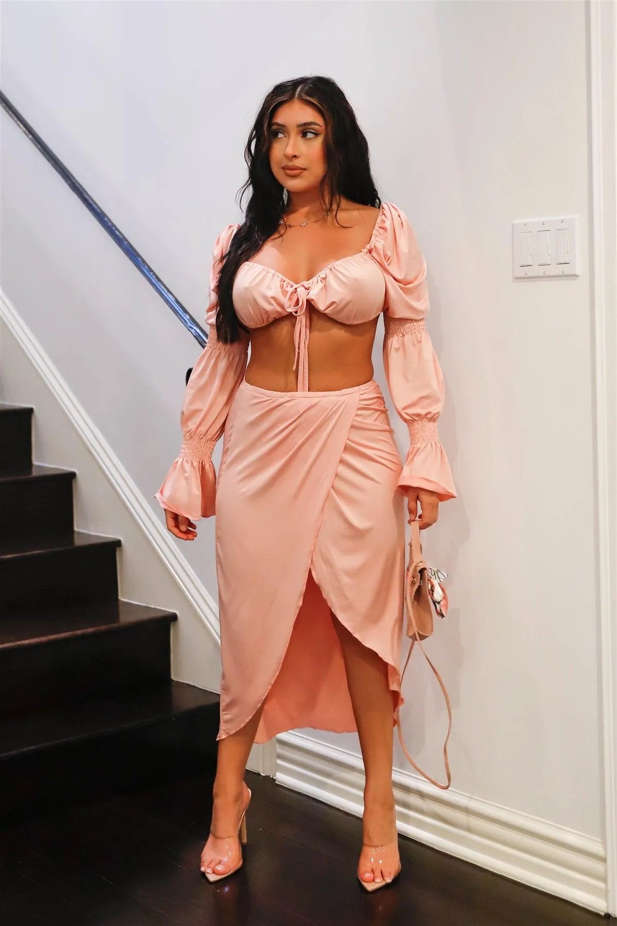 Pink Self-Tie Detail Juliette Sleeve Crop Top & Wrap Midi Skirt Set /2-2-2 - Tasha Apparel Wholesale