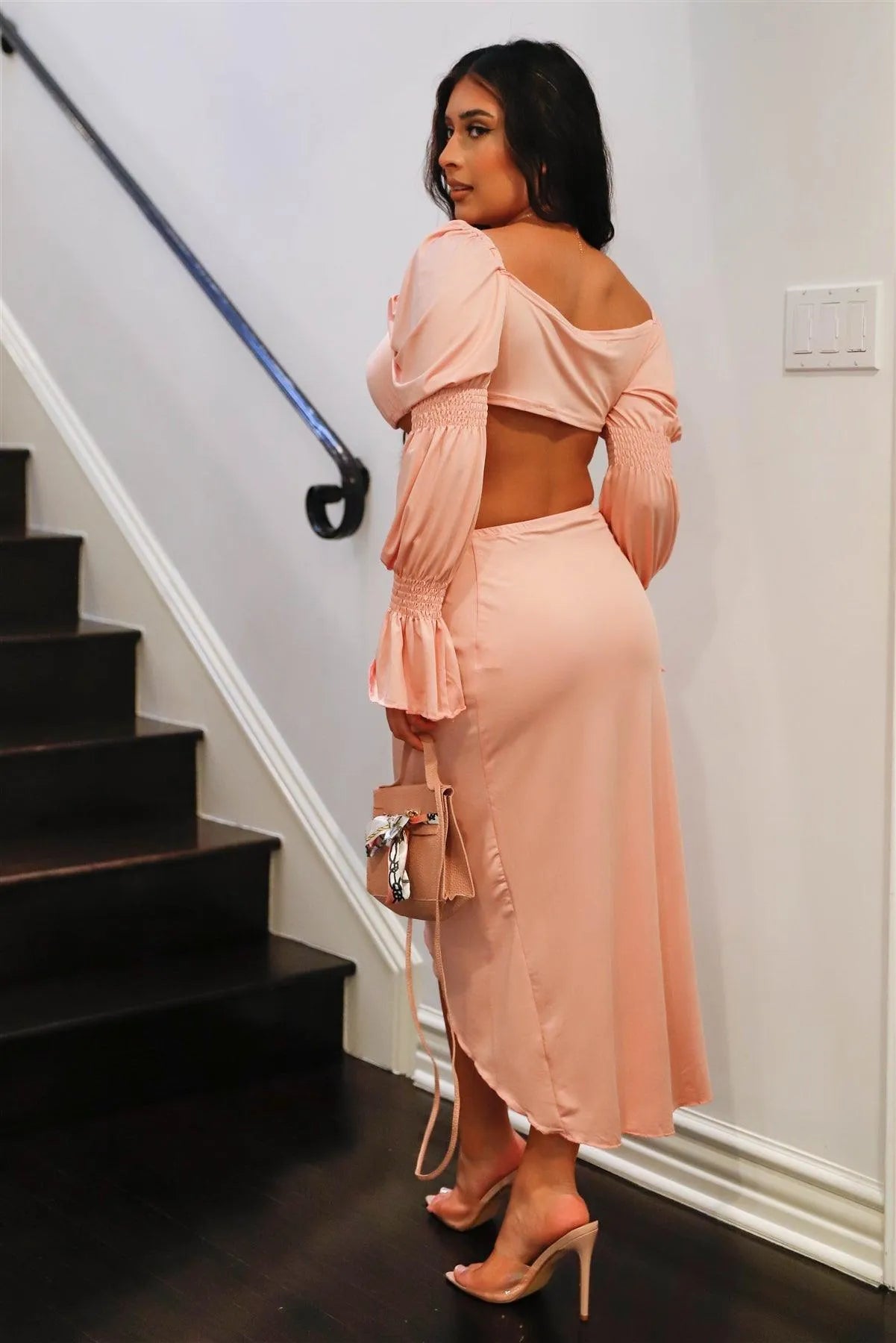 Pink Self-Tie Detail Juliette Sleeve Crop Top & Wrap Midi Skirt Set /2-2-2 - Tasha Apparel Wholesale