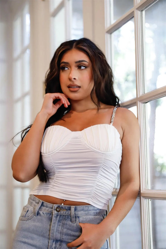 White Chunky Chain Strap Ruched Detail Bustier Crop Top /2-2-2 - Tasha Apparel Wholesale