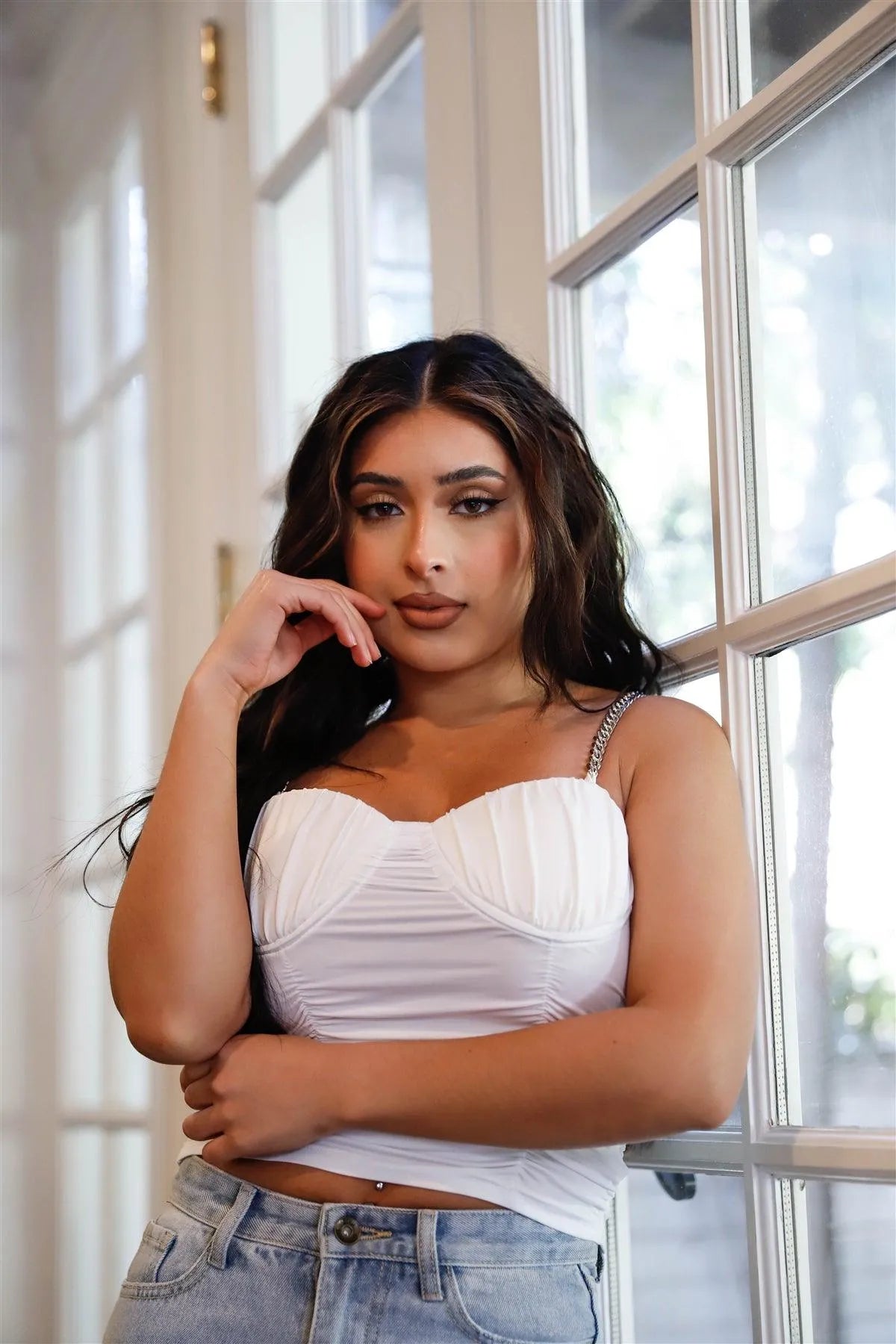 White Chunky Chain Strap Ruched Detail Bustier Crop Top /3-2-2 - Tasha Apparel Wholesale