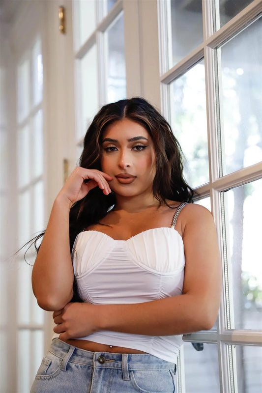 White Chunky Chain Strap Ruched Detail Bustier Crop Top /3-2-2 - Tasha Apparel Wholesale