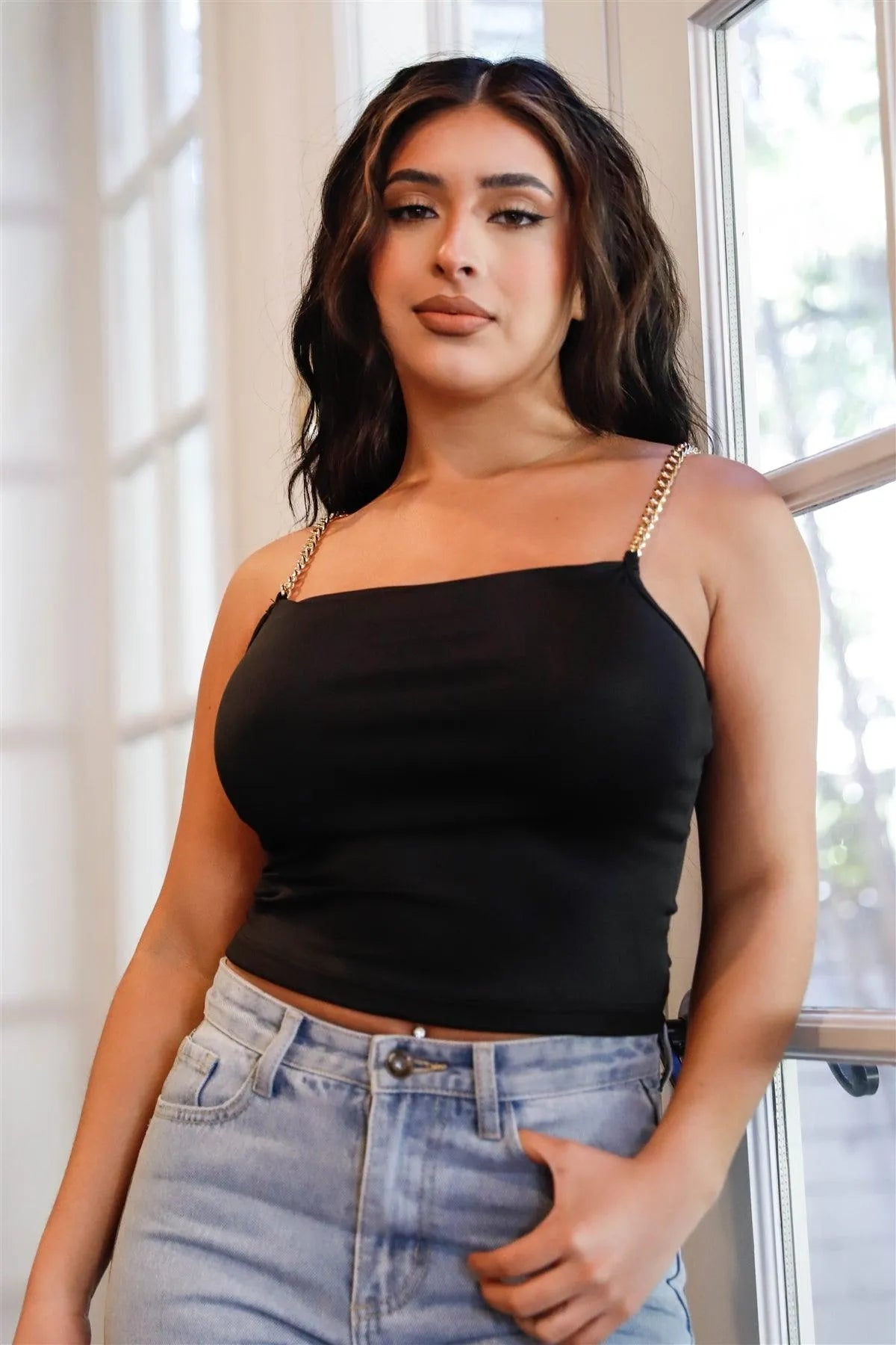 Black Chain Strap Square Neck Sleeveless Crop Top /2-2-2 - Tasha Apparel Wholesale