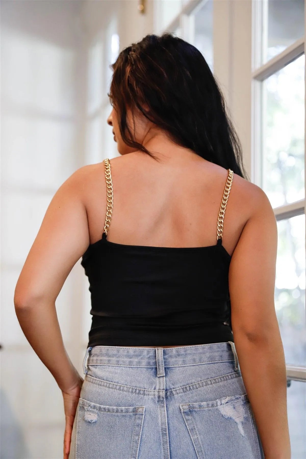 Black Chain Strap Square Neck Sleeveless Crop Top /2-2-2 - Tasha Apparel Wholesale