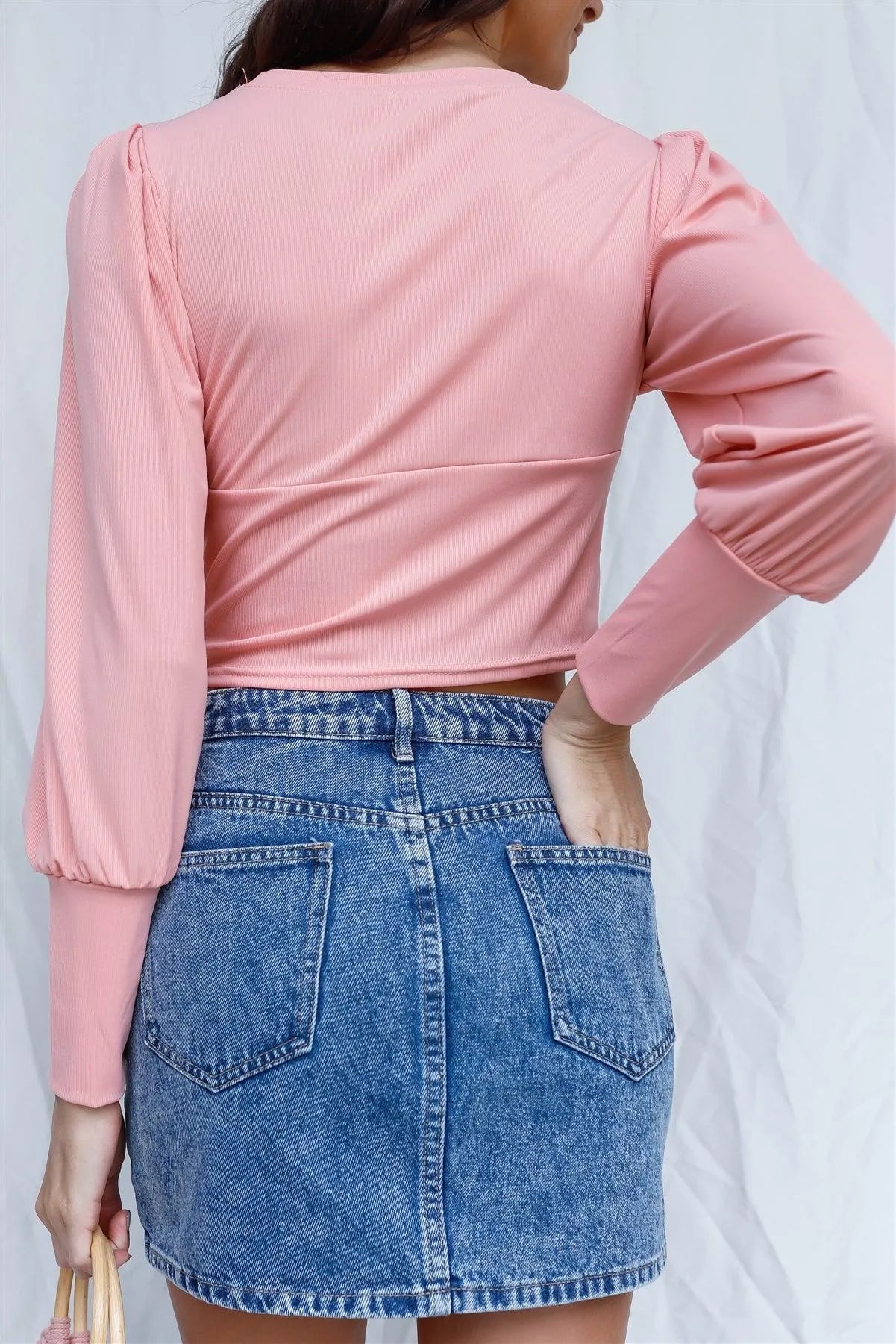 Pink Crew Neck Cutout Detail Long Sleeve Top /2-2-2 - Tasha Apparel Wholesale