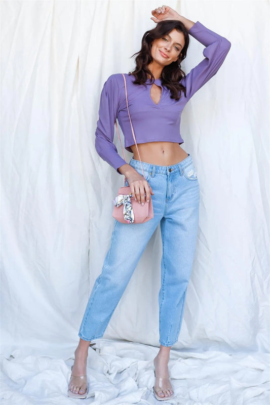 Purple Crew Neck Cutout Detail Long Sleeve Top /2-2-2 - Tasha Apparel Wholesale