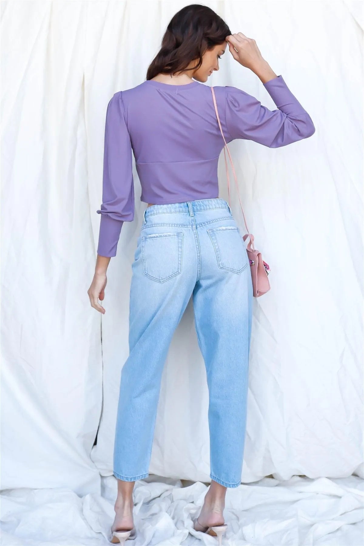 Purple Crew Neck Cutout Detail Long Sleeve Top /2-2-2 - Tasha Apparel Wholesale