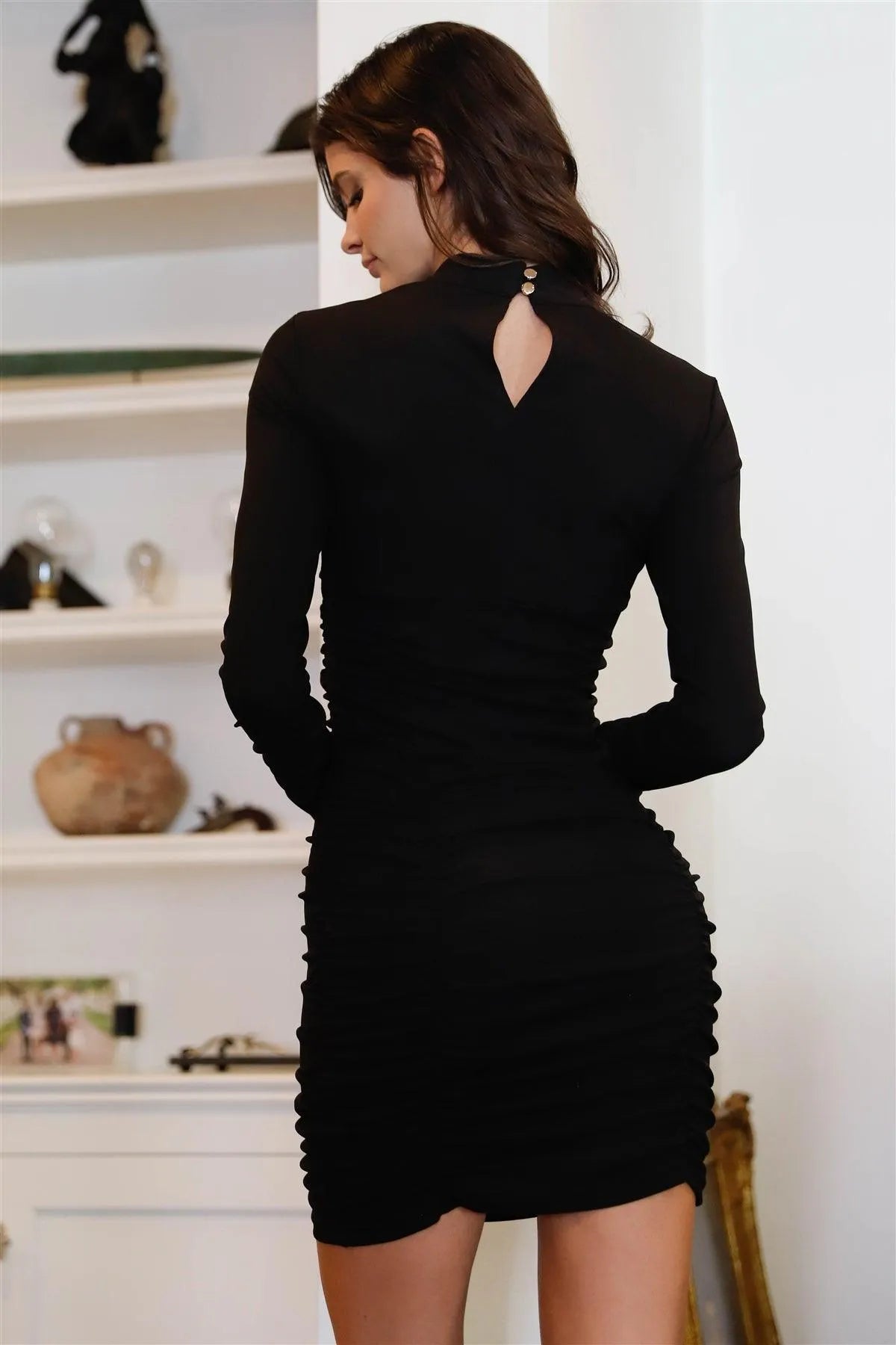 Black Ribbed Ruched Cut-Out Detail Mock Neck Mini Dress /2-1-2 - Tasha Apparel Wholesale