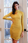 Mustard Ribbed Ruched Cut-Out Detail Mock Neck Mini Dress /2-2-2