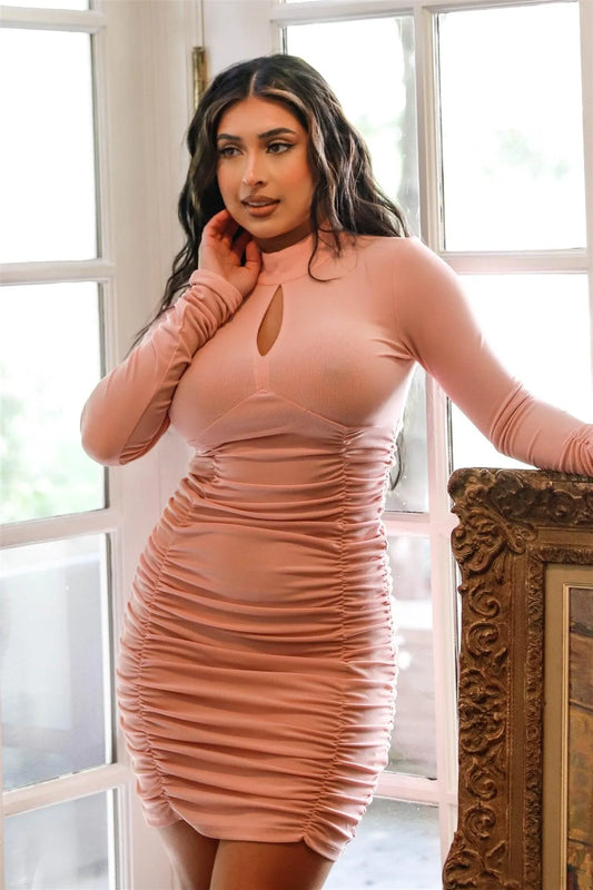 Pink Ribbed Ruched Cut-Out Detail Mock Neck Mini Dress /2-2-2 - Tasha Apparel Wholesale