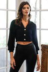 Black Textured Pearl & Crystal Button Up Detail Crop Top /2-2-2 - Tasha Apparel Wholesale