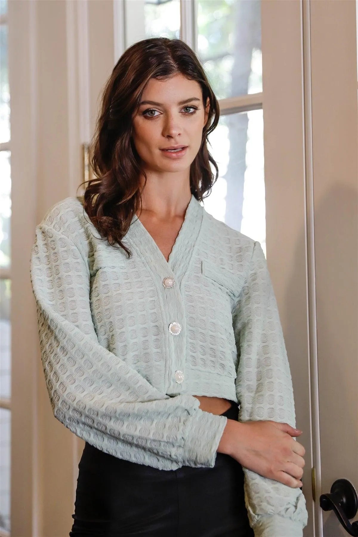 Sage Textured Pearl & Crystal Button Up Detail Crop Top /2-2-2 - Tasha Apparel Wholesale