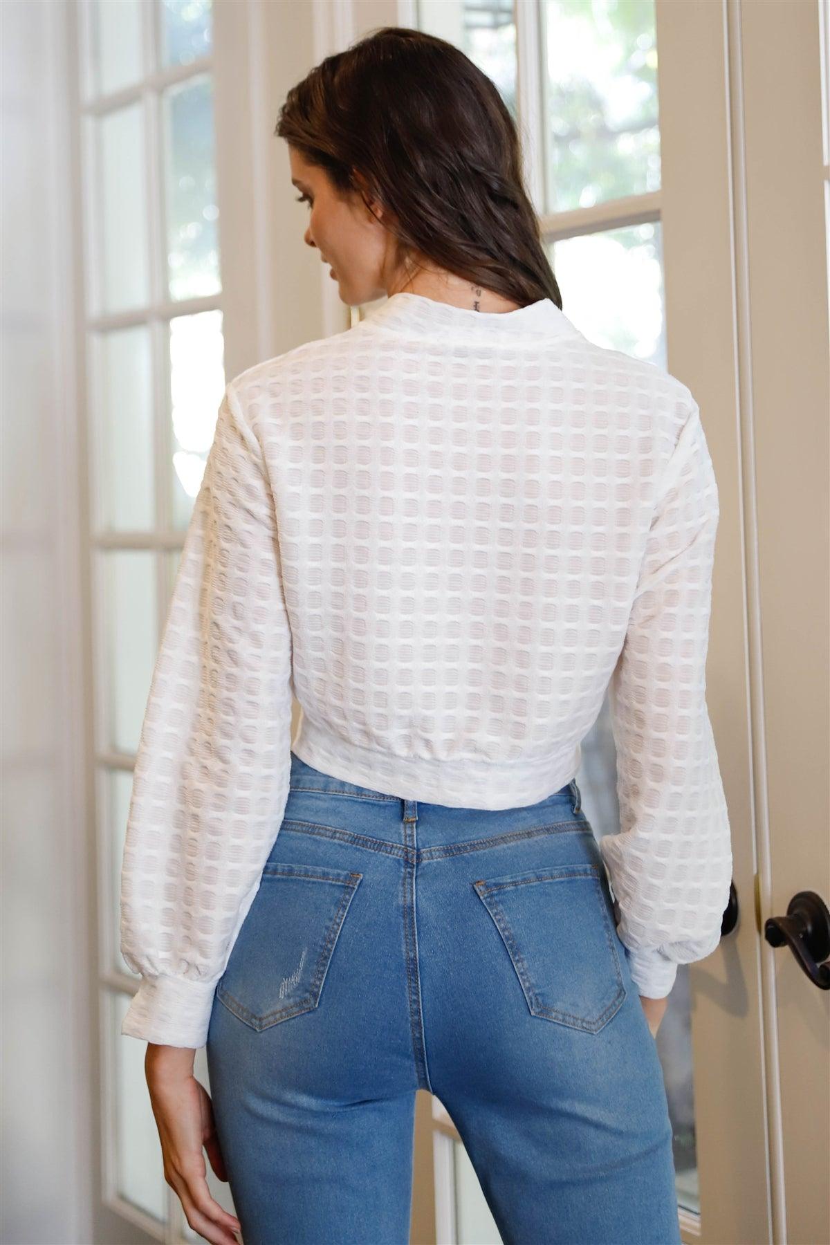 White Textured Pearl & Crystal Button Up Detail Crop Top /2-2-2