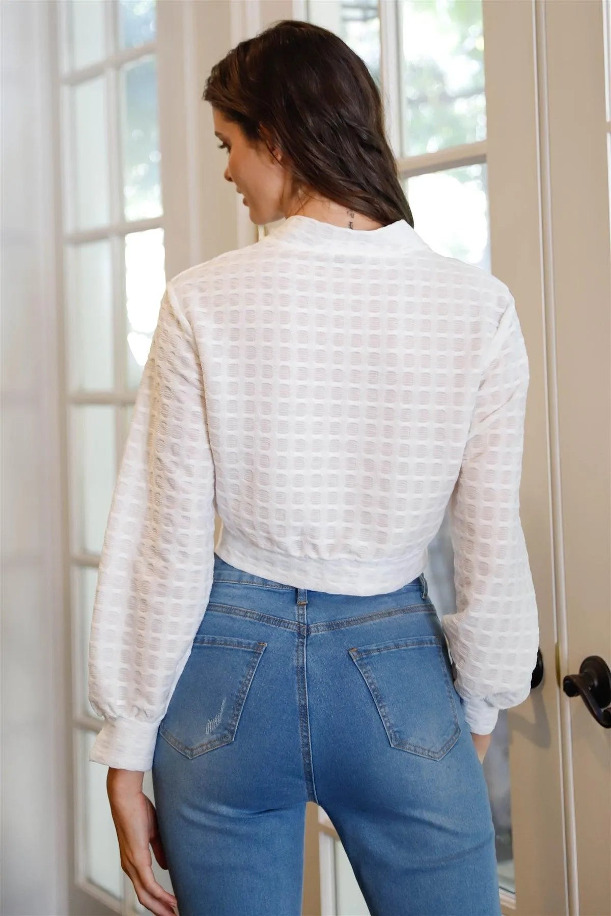 White Textured Pearl & Crystal Button Up Detail Crop Top /2-2-2 - Tasha Apparel Wholesale