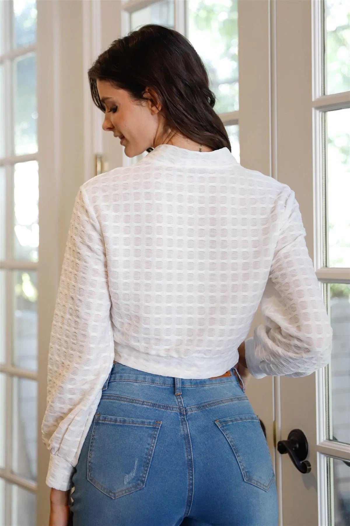 White Textured Pearl & Crystal Button Up Detail Crop Top /3-1-2 - Tasha Apparel Wholesale