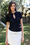 Black Mesh Ruched Cut-Out Detail Short Sleeve Top /2-2-2