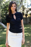 Black Mesh Ruched Cut-Out Detail Short Sleeve Top /2-3-1 - Tasha Apparel Wholesale