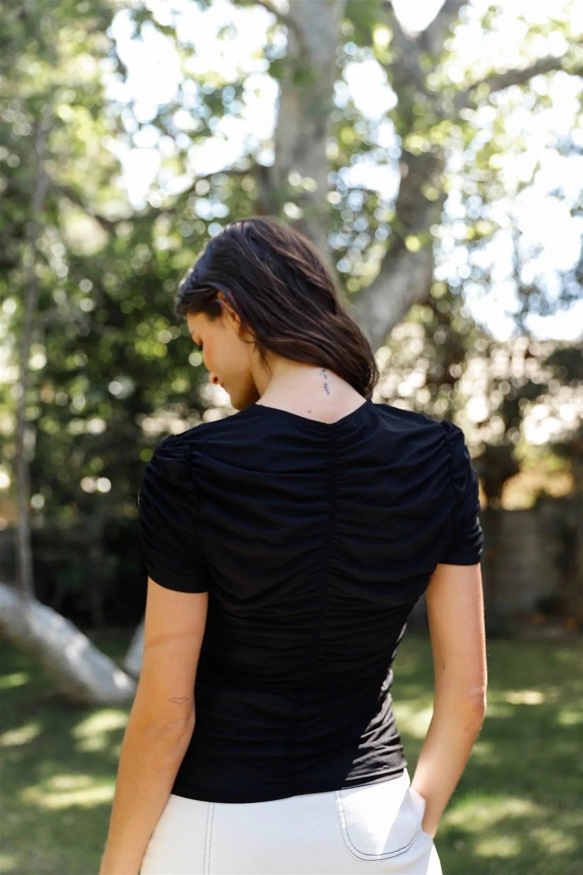 Black Mesh Ruched Cut-Out Detail Short Sleeve Top /2-3-1 - Tasha Apparel Wholesale