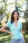 Mint Mesh Ruched Cut-Out Detail Short Sleeve Top /2-2-2 - Tasha Apparel Wholesale