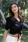 Black Mesh Button Up Self-Tie Detail Ruched Short Sleeve Crop Top /2-2-2 - Tasha Apparel Wholesale