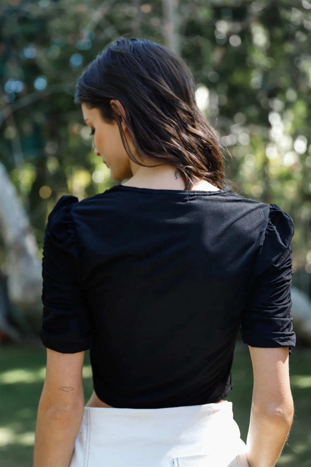 Black Mesh Button Up Self-Tie Detail Ruched Short Sleeve Crop Top /2-2-2 - Tasha Apparel Wholesale