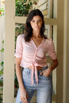 Pink Mesh Button Up Self-Tie Detail Ruched Short Sleeve Crop Top /2-2-2