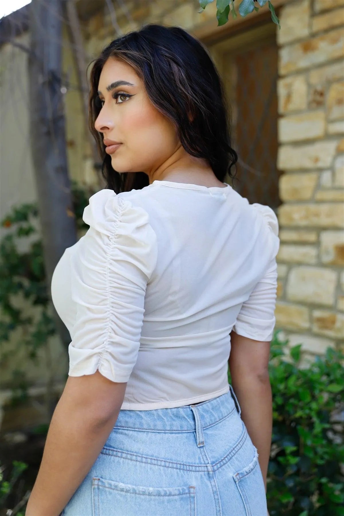 White Mesh Button Up Self-Tie Detail Ruched Short Sleeve Crop Top /2-2-2 - Tasha Apparel Wholesale