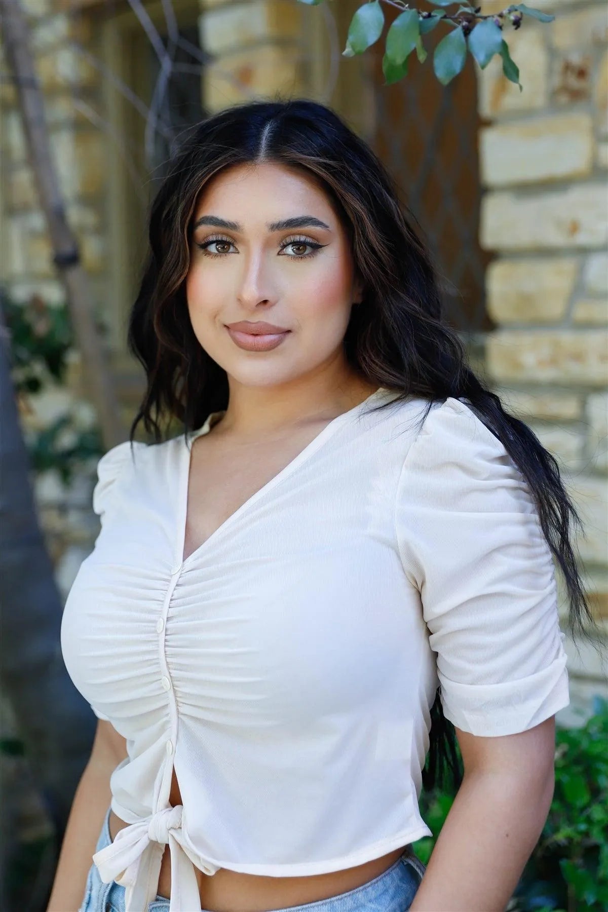 White Mesh Button Up Self-Tie Detail Ruched Short Sleeve Crop Top /2-2-2 - Tasha Apparel Wholesale