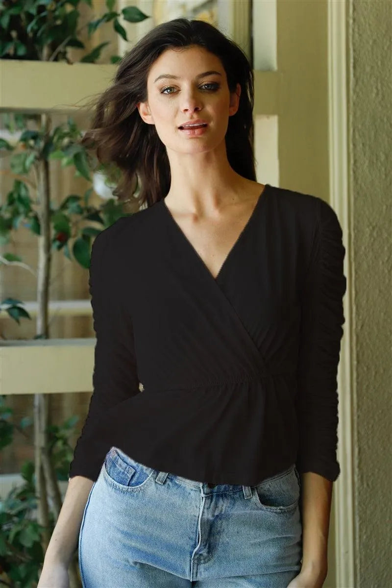 Black Mesh Wrap V-Neck Flare Hem Ruched Long Sleeve Top /3-2-1 - Tasha Apparel Wholesale