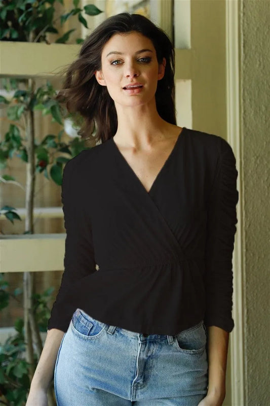 Black Mesh Wrap V-Neck Flare Hem Ruched Long Sleeve Top /3-2-1 - Tasha Apparel Wholesale