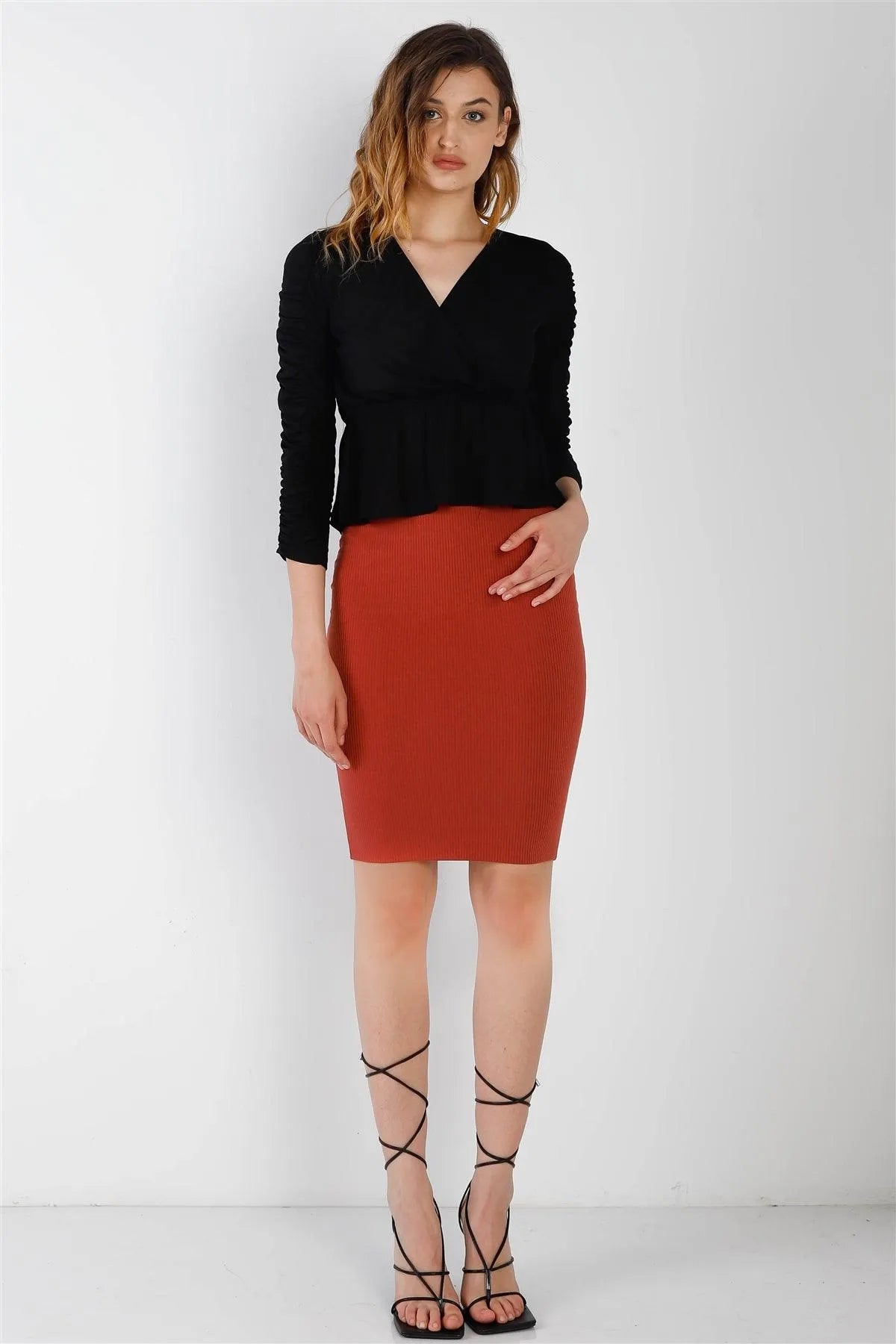 Black Mesh Wrap V-Neck Flare Hem Ruched Long Sleeve Top /3-2-1 - Tasha Apparel Wholesale