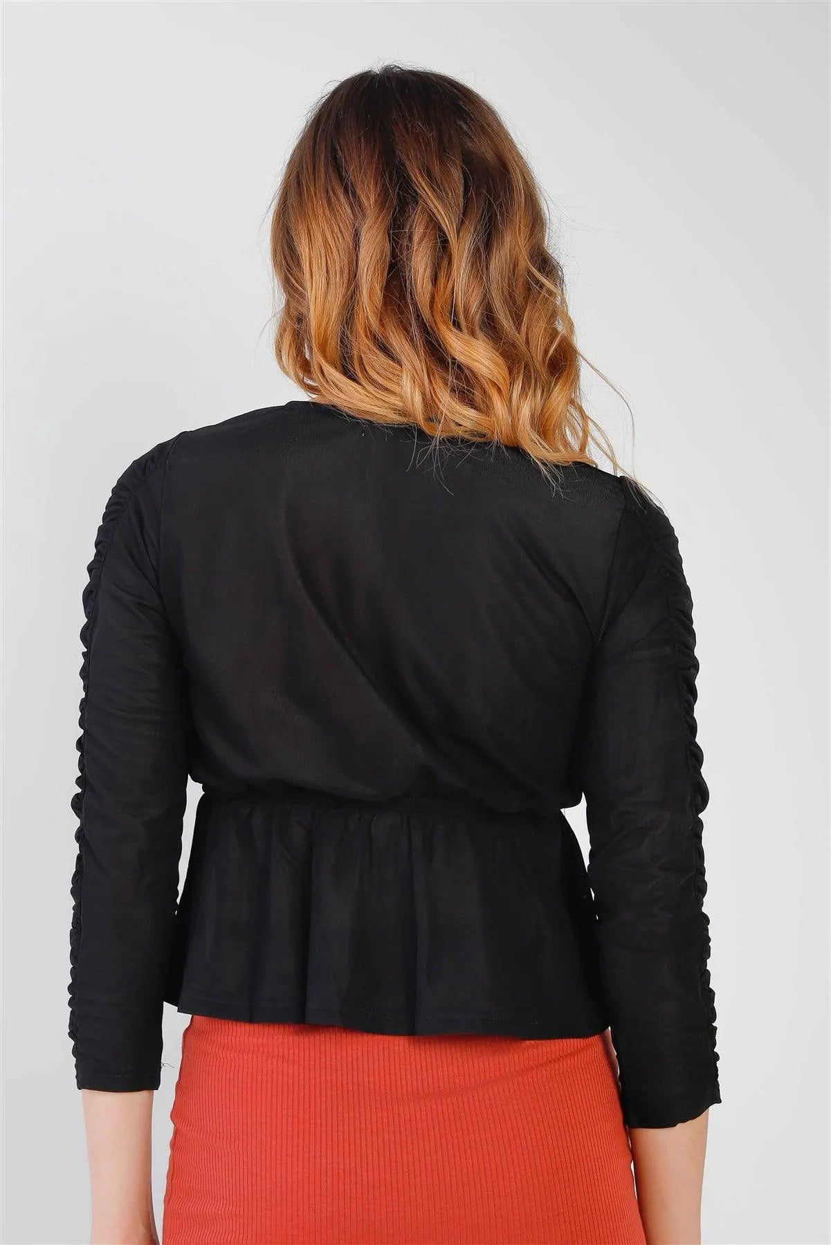 Black Mesh Wrap V-Neck Flare Hem Ruched Long Sleeve Top /3-2-1 - Tasha Apparel Wholesale