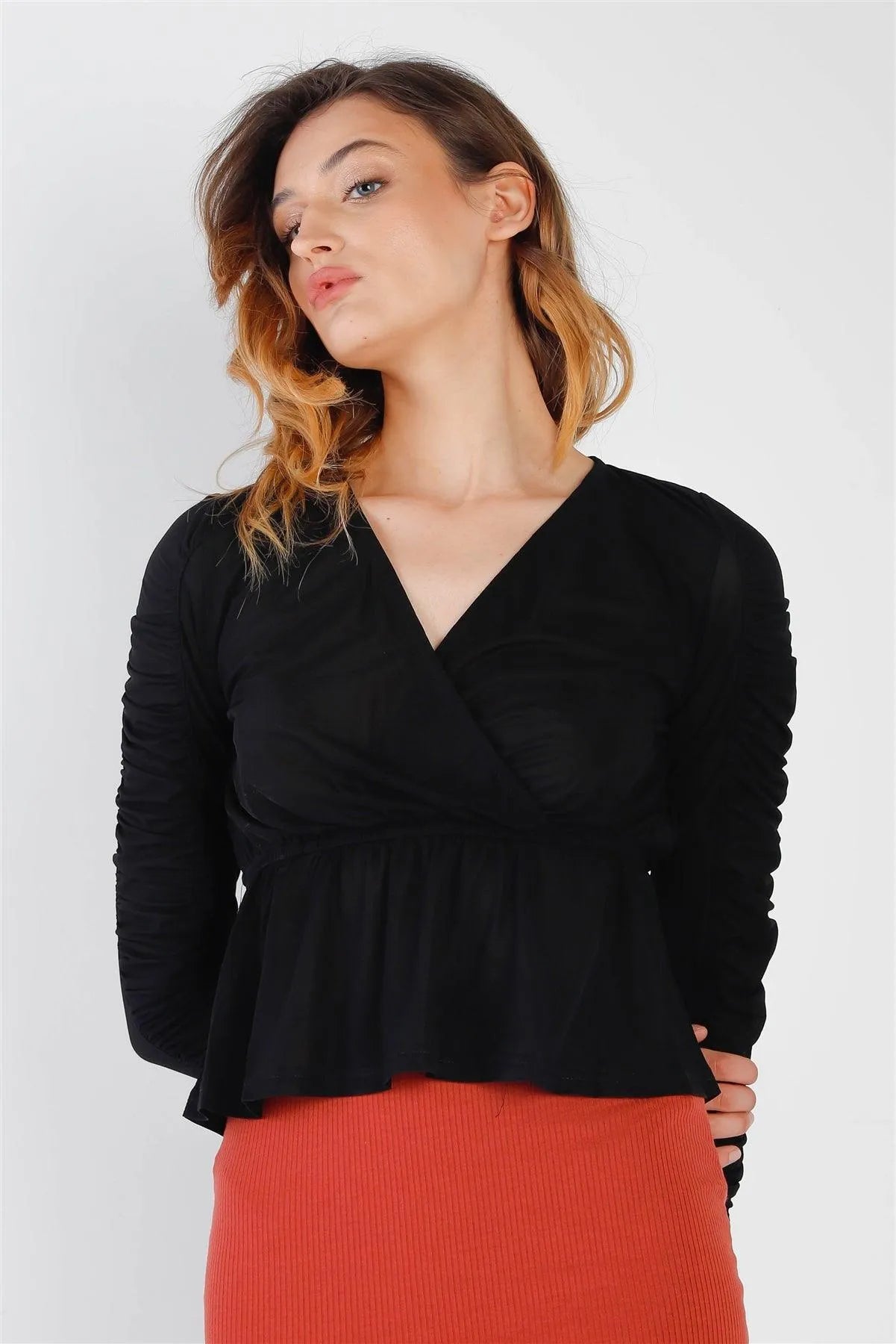 Black Mesh Wrap V-Neck Flare Hem Ruched Long Sleeve Top /3-2-1 - Tasha Apparel Wholesale