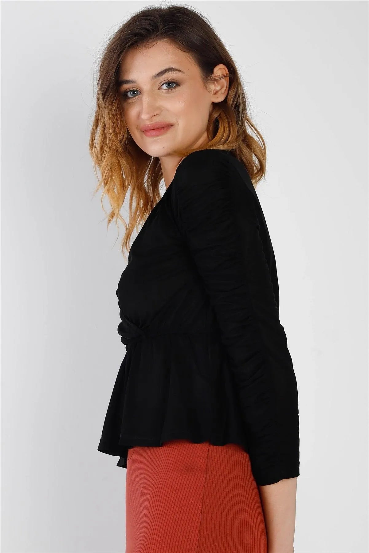 Black Mesh Wrap V-Neck Flare Hem Ruched Long Sleeve Top /3-2-1 - Tasha Apparel Wholesale