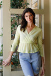 Yellow Mesh Wrap V-Neck Flare Hem Ruched Long Sleeve Top /2-2-2