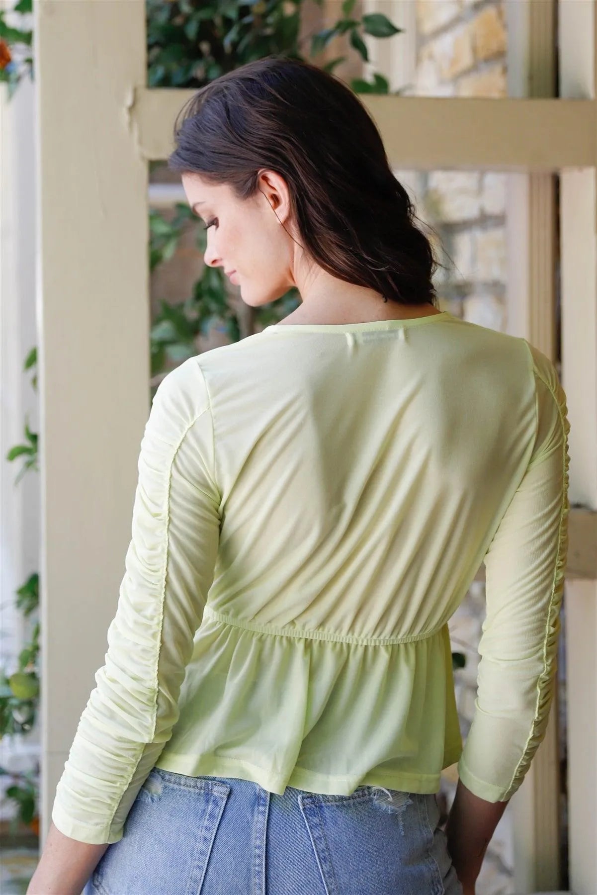 Yellow Mesh Wrap V-Neck Flare Hem Ruched Long Sleeve Top /2-2-2 - Tasha Apparel Wholesale