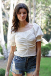 Ivory Textured Ruched Detail Smocked Back Short Balloon Sleeve Crop Top /2-2-2 - Tasha Apparel Wholesale