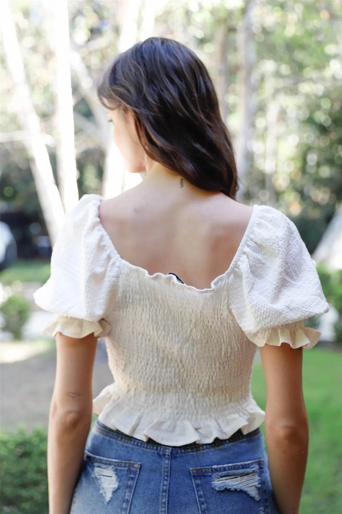 Ivory Textured Ruched Detail Smocked Back Short Balloon Sleeve Crop Top /2-2-2 - Tasha Apparel Wholesale