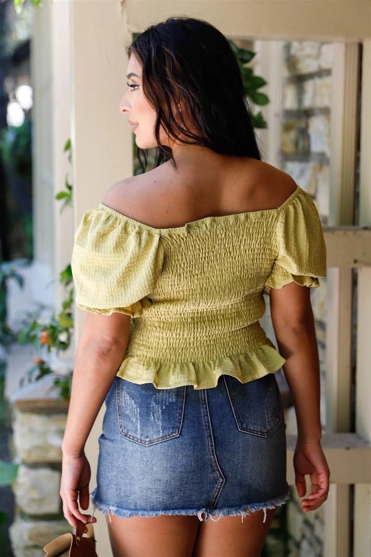 Mustard Textured Ruched Detail Smocked Back Short Balloon Sleeve Crop Top /2-2-2 - Tasha Apparel Wholesale