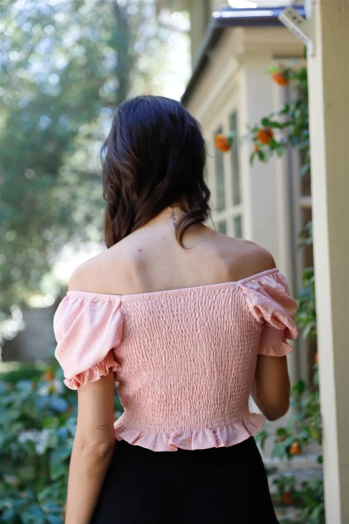 Pink Textured Ruched Detail Smocked Back Short Balloon Sleeve Crop Top /2-2-2 - Tasha Apparel Wholesale