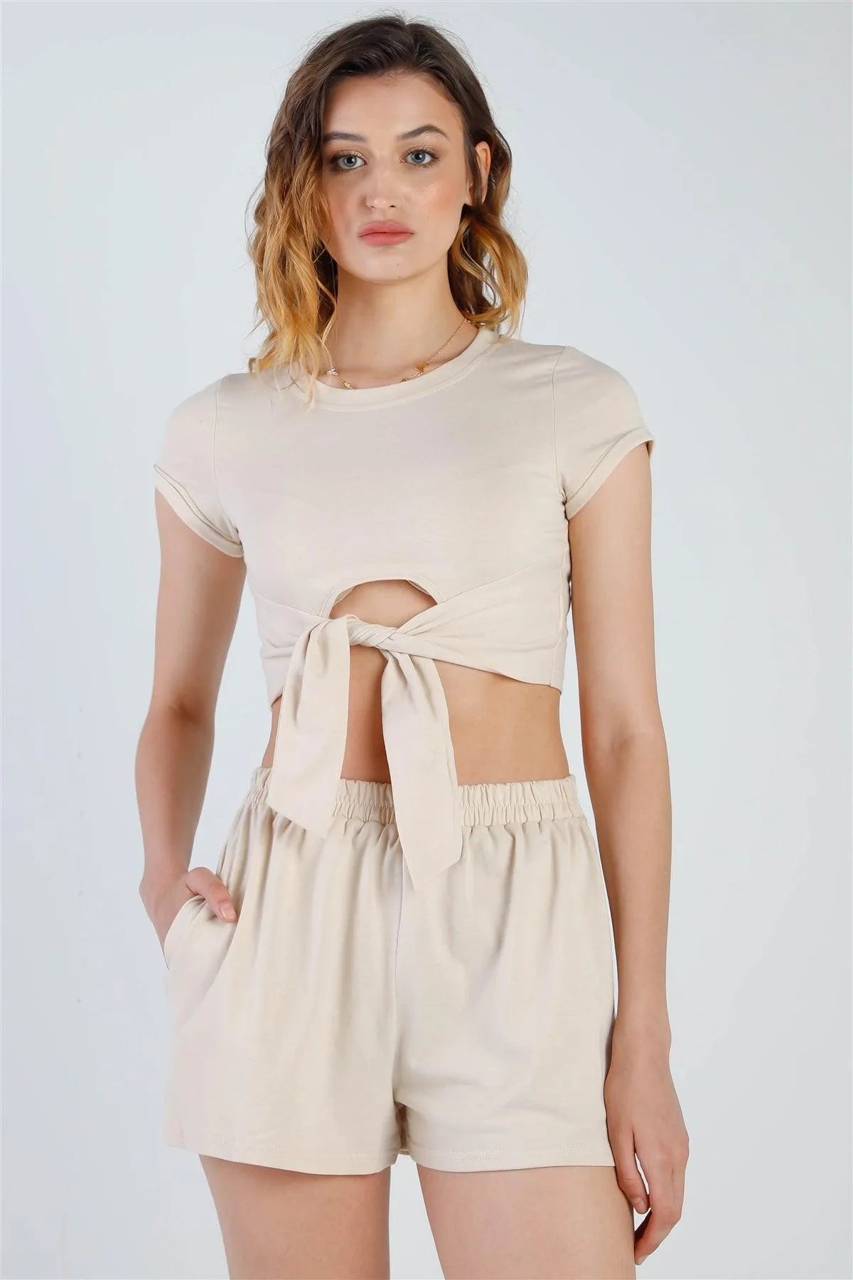 Beige Cut-Out Hem Crop Top & High Waist Short Set - Tasha Apparel Wholesale