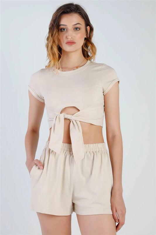 Beige Cut-Out Hem Crop Top & High Waist Short Set - Tasha Apparel Wholesale