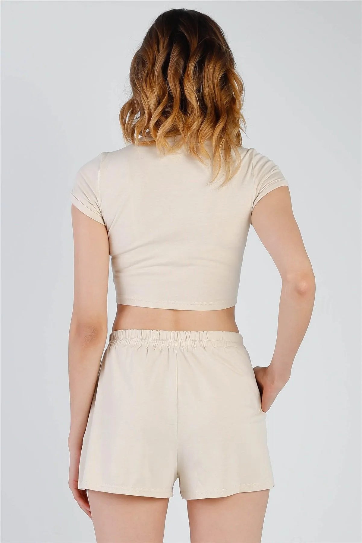Beige Cut-Out Hem Crop Top & High Waist Short Set - Tasha Apparel Wholesale