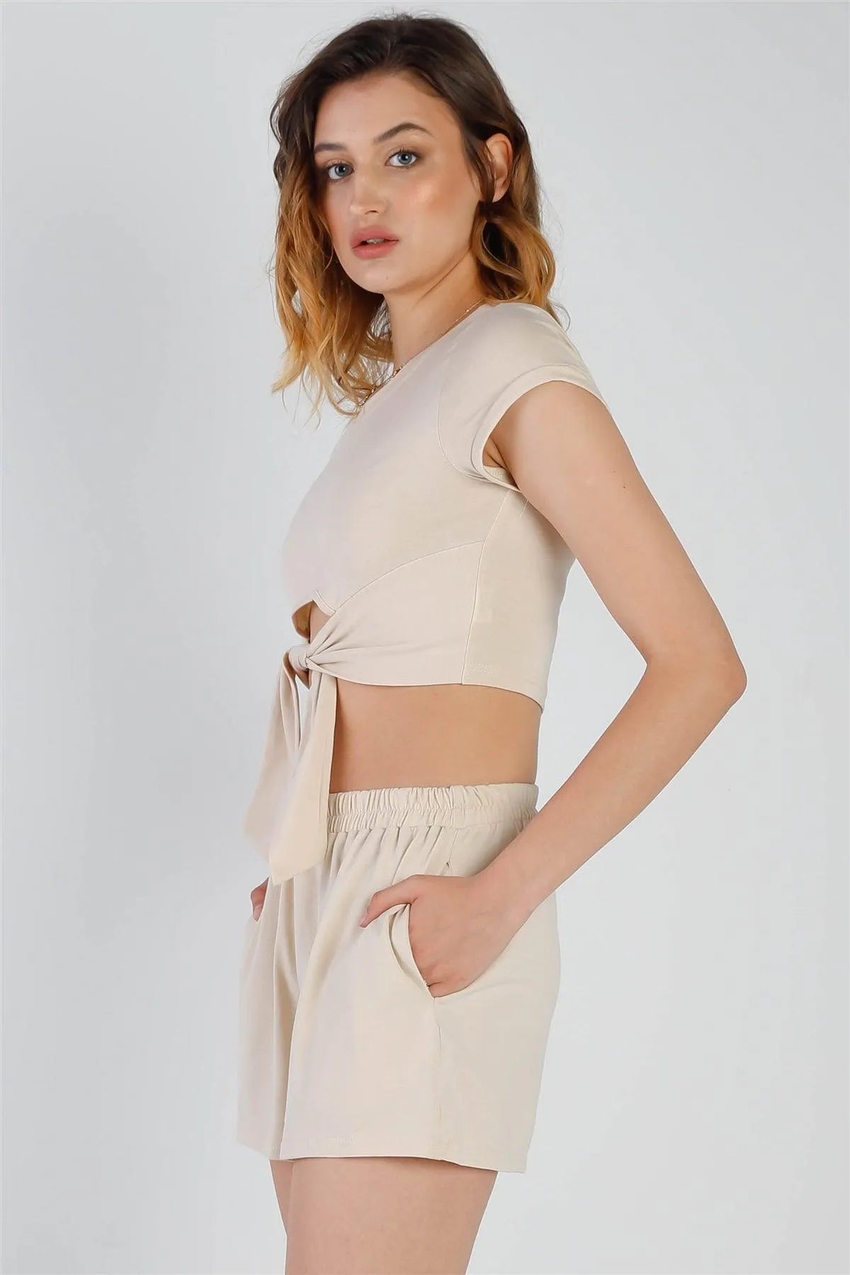 Beige Cut-Out Hem Crop Top & High Waist Short Set - Tasha Apparel Wholesale