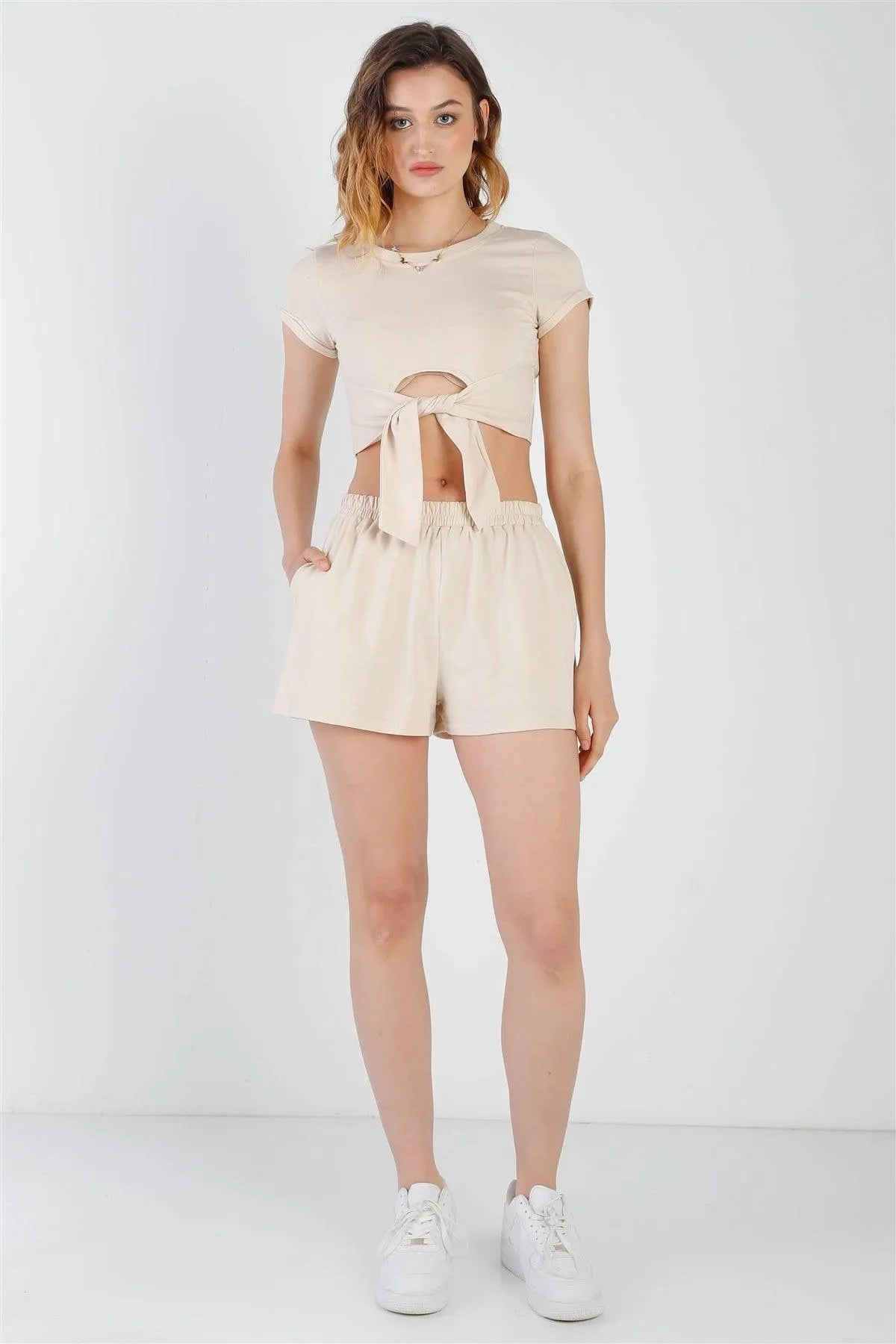 Beige Cut-Out Hem Crop Top & High Waist Short Set - Tasha Apparel Wholesale