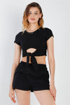 Black Cut-Out Detail Self-Tie Hem Short Sleeve Crop Top & High Waist Short Set /2-2-1 - Tasha Apparel Wholesale