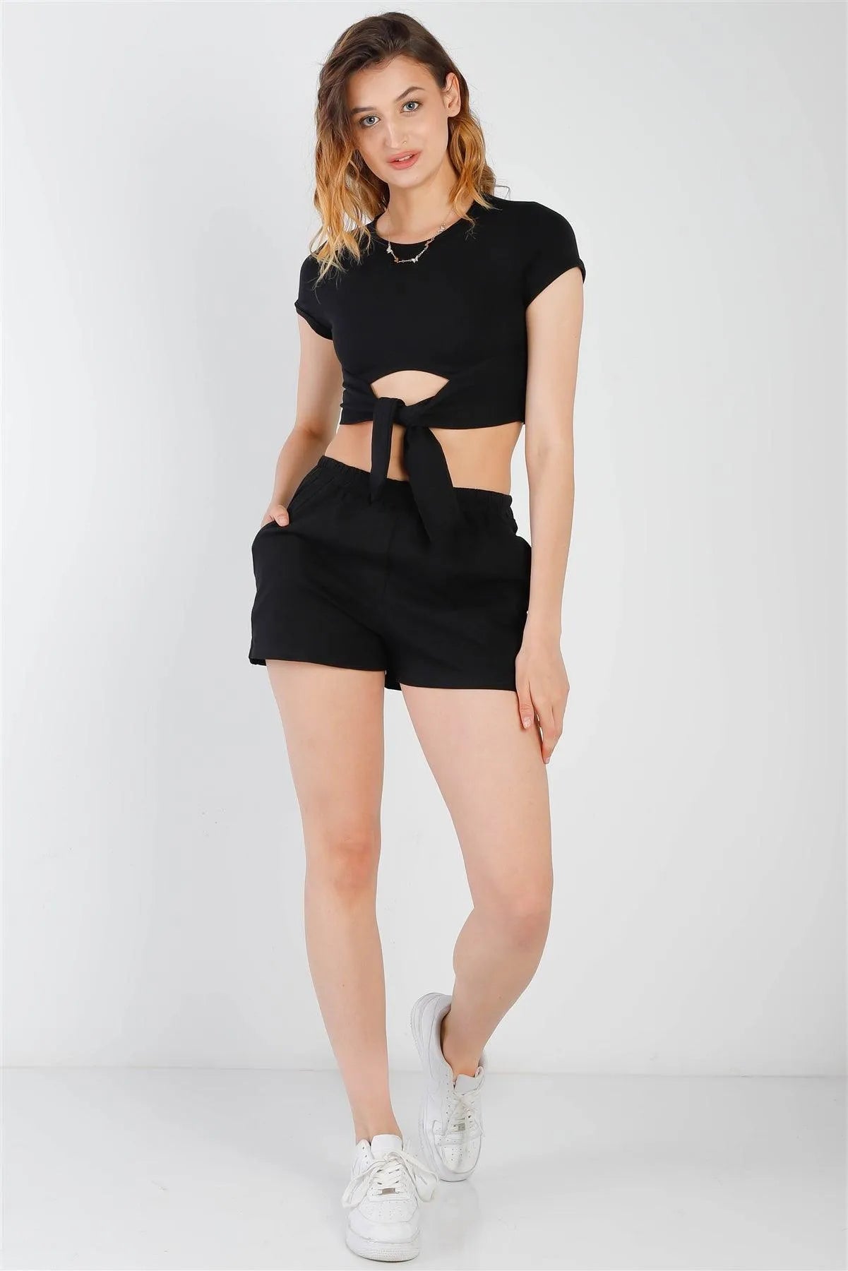 Black Cut-Out Detail Self-Tie Hem Short Sleeve Crop Top & High Waist Short Set /2-2-1 - Tasha Apparel Wholesale