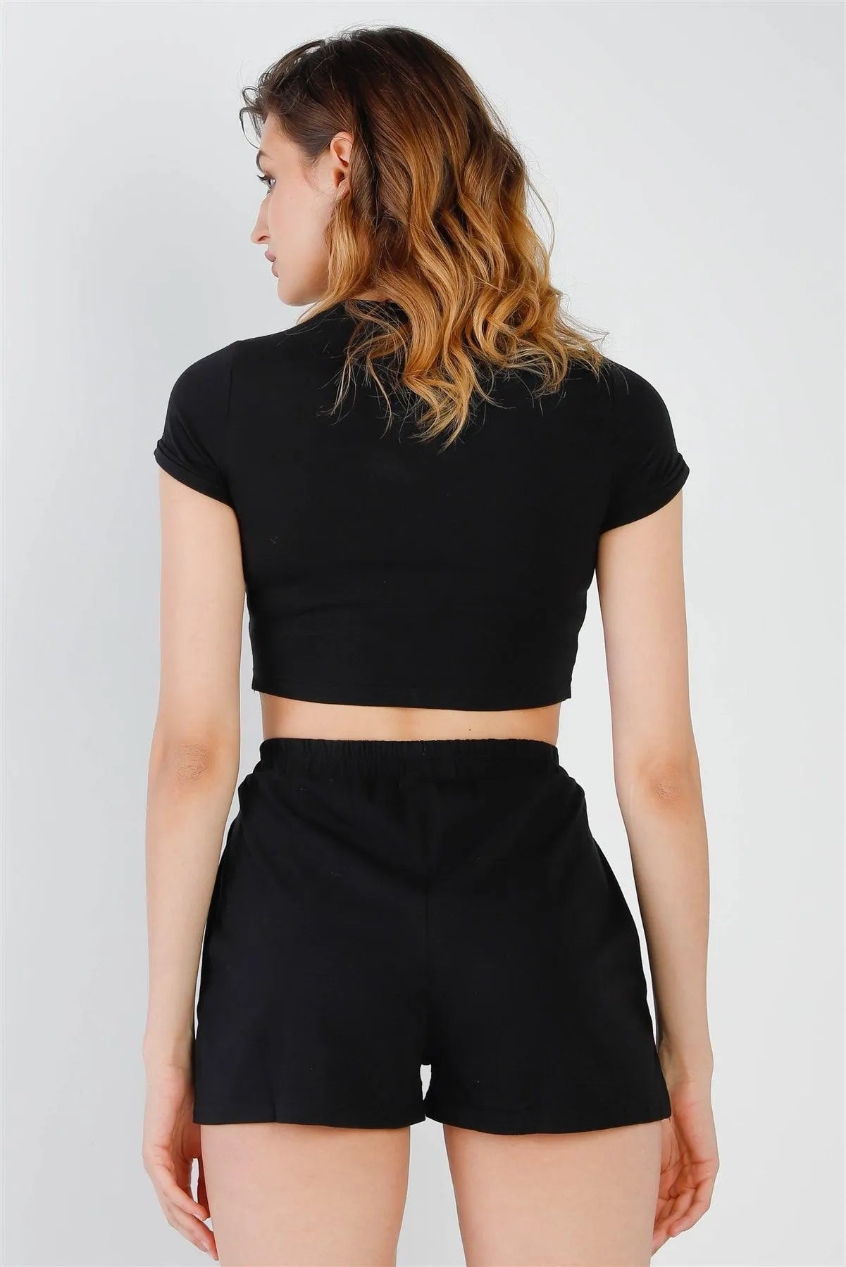 Black Cut-Out Detail Self-Tie Hem Short Sleeve Crop Top & High Waist Short Set /2-2-2 - Tasha Apparel Wholesale